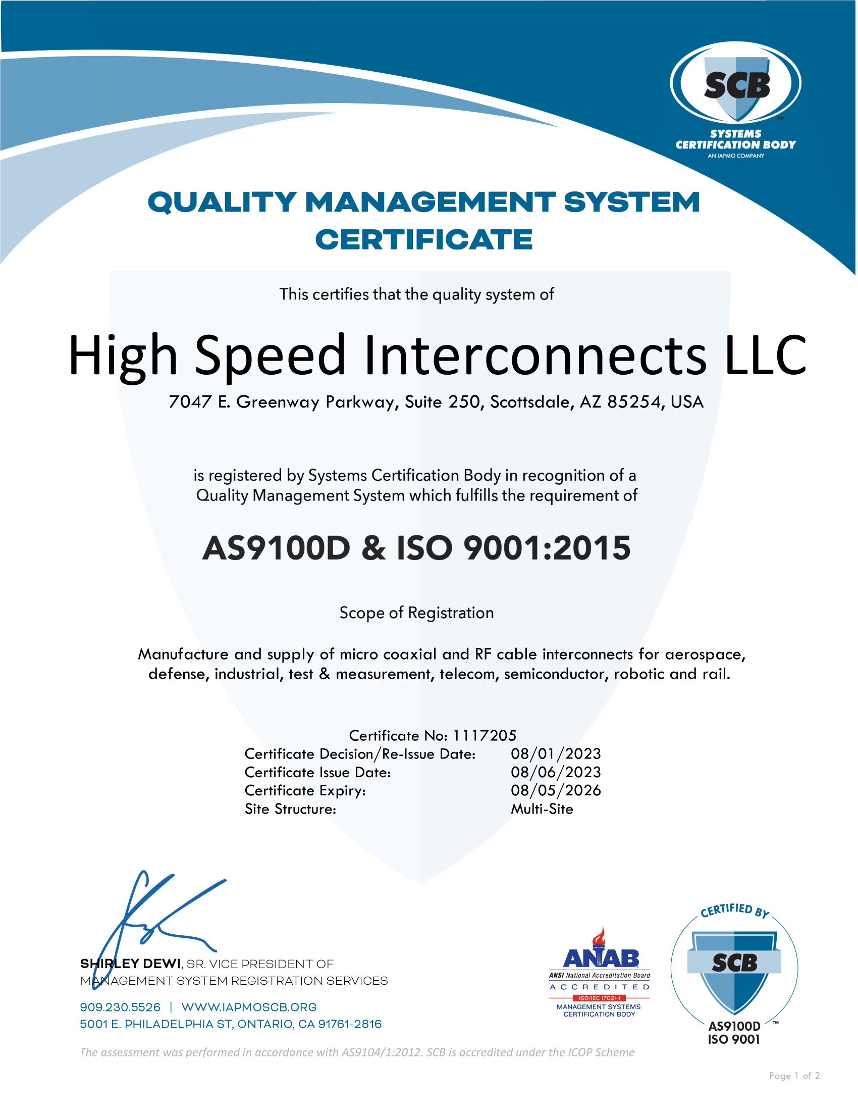 AS9100D & ISO 9001 Certificate - High Speed Interconnects - 2023-2026